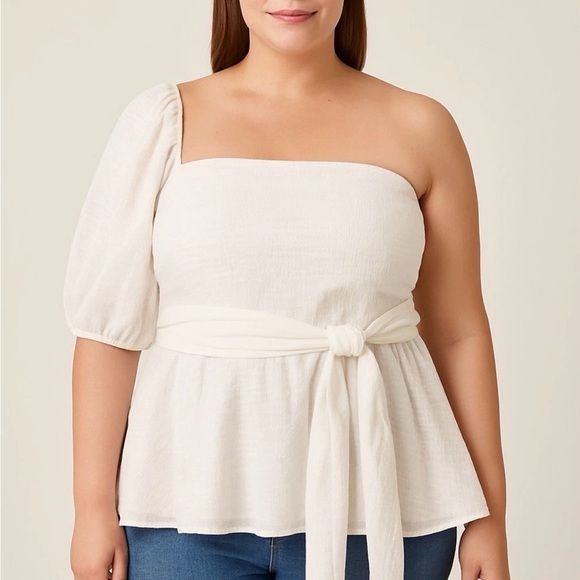 Nine West Tops - Nine West One Shoulder Shirred Tie Waist Peplum Top in White, Size XL Womens